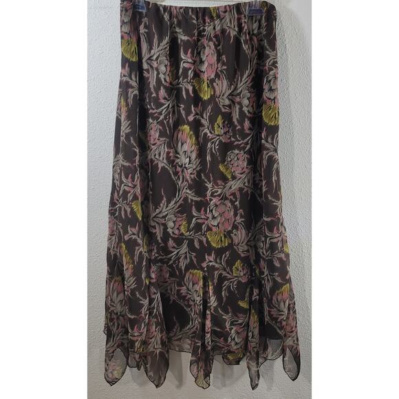 Cato Brown Pink Yellow Floral Sheer Overlay A Line Skirt 14W Lightweight Soft - Picture 2 of 5